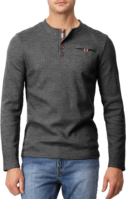 Men'S Casual Slim Fit Henley Cotton Shirts Long Sleeve Lightweight Waffle Fabric