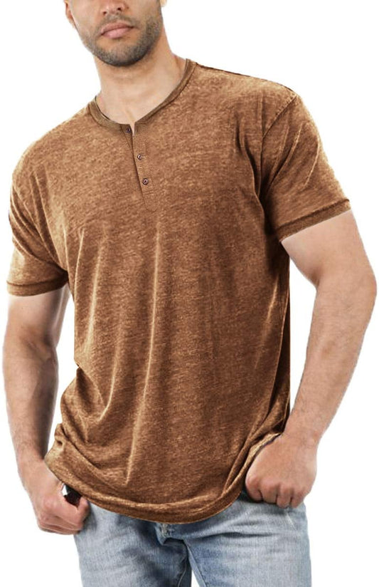 Men Short/Long Sleeve T-Shirt Casual Solid Color Button-Up Henley Shirt V Neck Tee Tops
